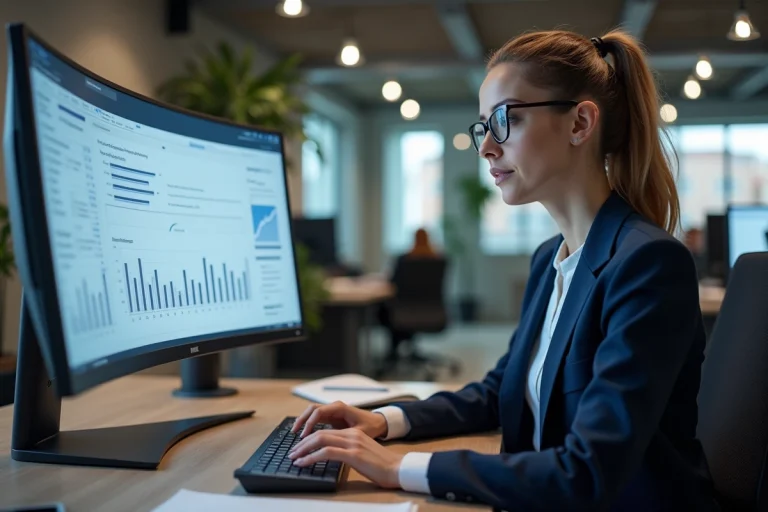 Femme professionnelle accédant à une application métier sur un grand écran dans un open space moderne à Grenoble