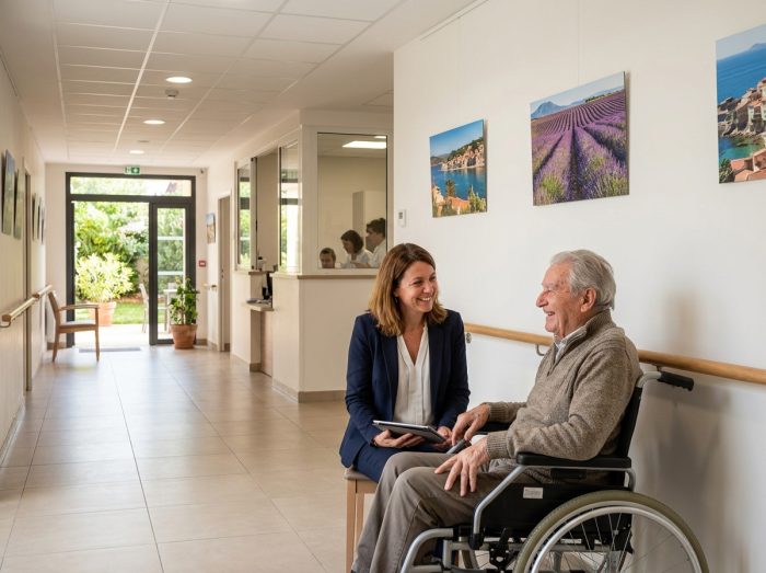 Une assistante sociale discute avec un résident en fauteuil roulant dans le couloir d'un EHPAD moderne à Marseille