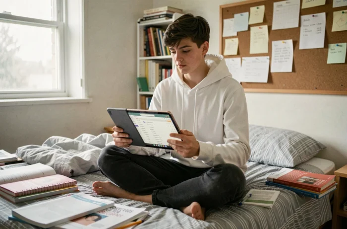 Adolescent découvrant le webmail de Créteil sur une tablette dans une chambre d'étudiant