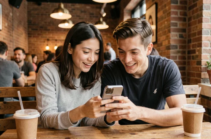 Deux amis découvrant ensemble un site de lecture de mangas en ligne sur smartphone dans un café