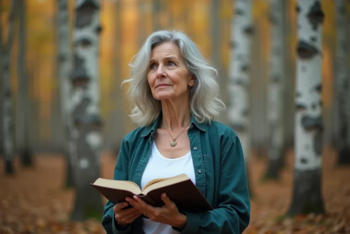 Femme spirituelle tenant un carnet dans une forêt de bouleaux en automne, atmosphère contemplative et éditoriale