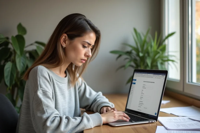 Femme annulant un abonnement Amazon Prime depuis son ordinateur portable à la maison