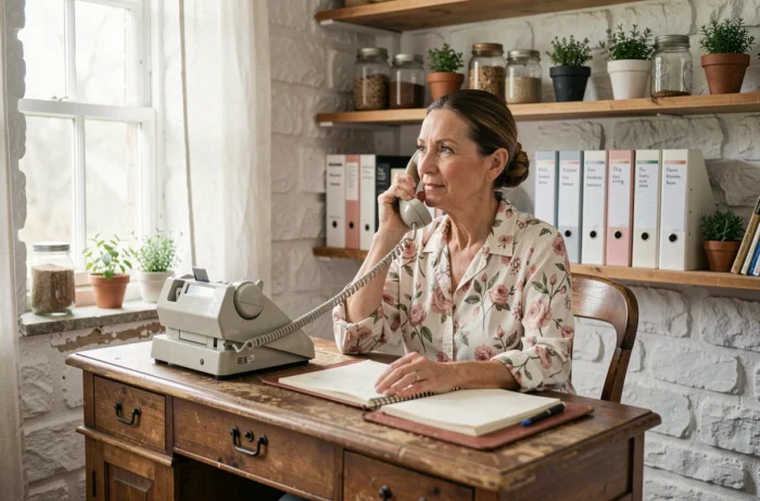Femme d'une cinquantaine d'années téléphonant dans un bureau de ferme rustique pour prendre contact avec La Fermette De Marie
