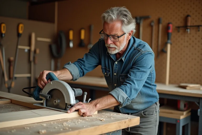 Artisan utilisant une scie circulaire pour découper une planche de bois dans un atelier de menuiserie