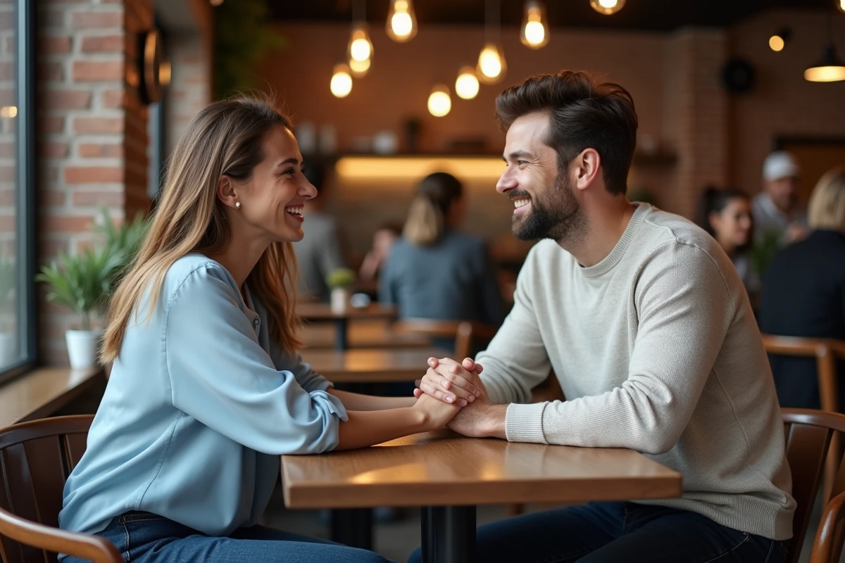 Couple au café partageant un moment convivial