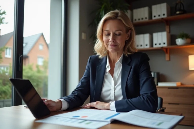 Femme professionnelle analysant des documents d'évaluation de patrimoine immobilier dans un bureau moderne