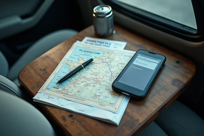 Carnet de chèques ouvert et smartphone affichant une recherche de station service acceptant les chèques