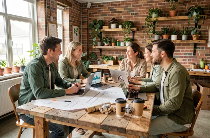 Groupe de professionnels collaborant autour d'un projet de développement durable dans un espace de coworking éco-responsable