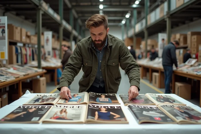 Collectionneur arrangeant des numéros rares de Vogue sur une table de foire vintage avec des couvertures de magazines iconiques visibles