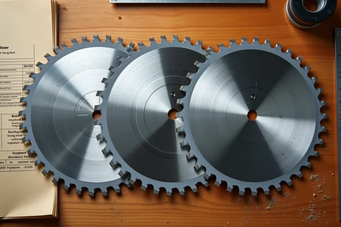Comparaison de trois lames de scie circulaire avec différentes géométries de dents posées sur un établi