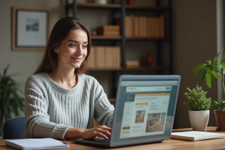 Femme connectée à son compte Wannonce sur un ordinateur portable dans un bureau à domicile
