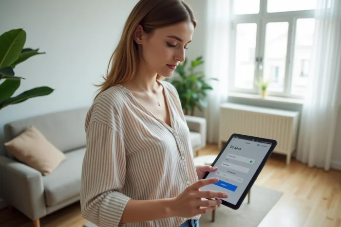 Jeune femme se connectant à Wannonce sur une tablette dans un appartement moderne