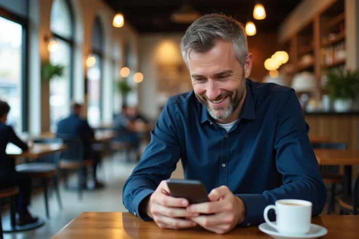 Homme consultant des annonces gratuites Wannonce sur smartphone dans un café
