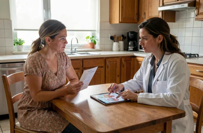 Femme en consultation médicale avec une docteure, discutant des signes et symptômes d'une grossesse