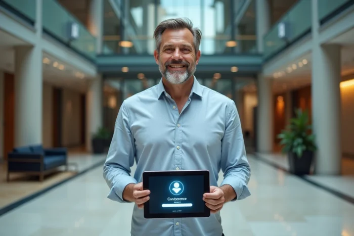 Homme consultant une plateforme de convergence métier sur tablette dans le hall d'un grand bâtiment professionnel