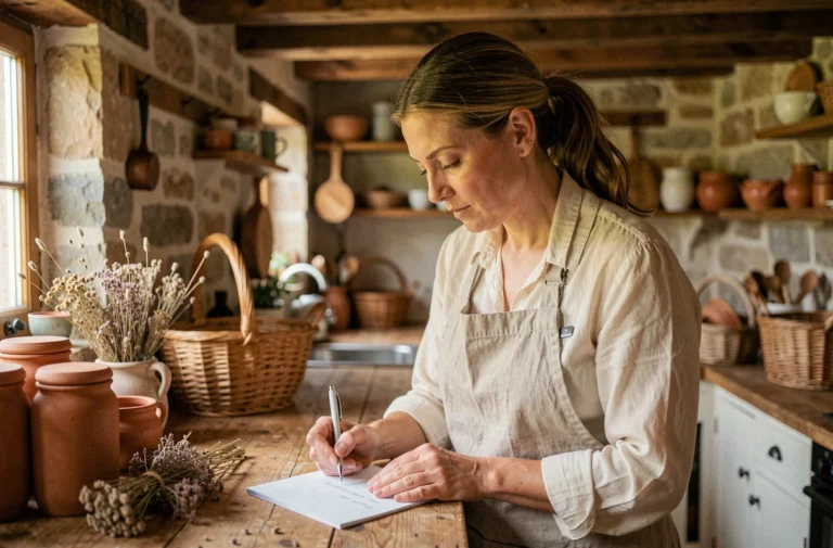 Femme en tablier de lin écrivant un message manuscrit dans une cuisine de ferme rustique pour contacter La Fermette De Marie