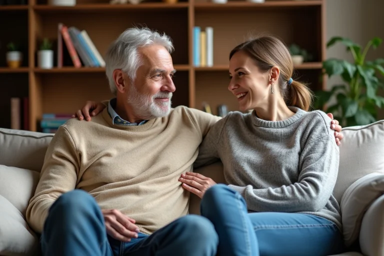 Couple assis sur un canapé dans un salon chaleureux