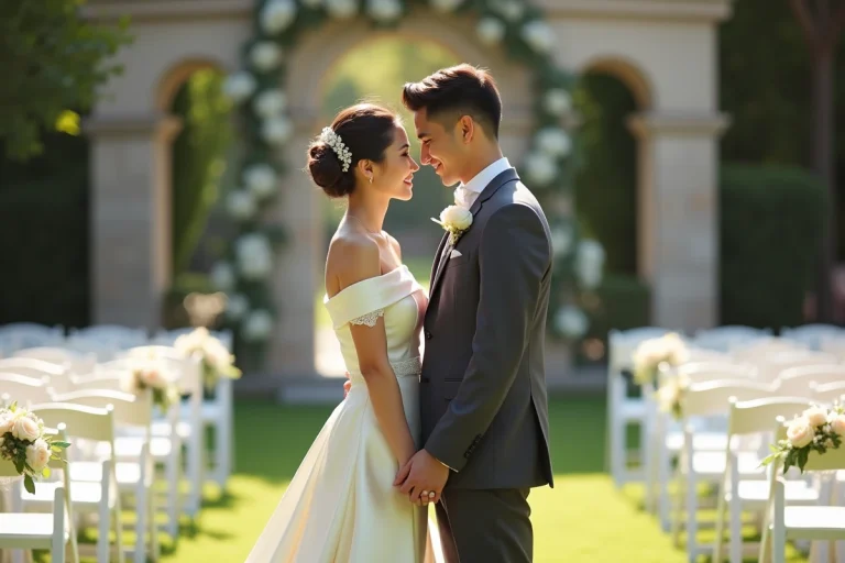 Couple de mariés souriants dans un jardin fleuri lors de leur cérémonie de mariage en plein air
