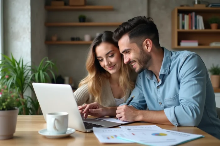 Couple consultant des annonces immobilières en ligne pour préparer leur premier investissement