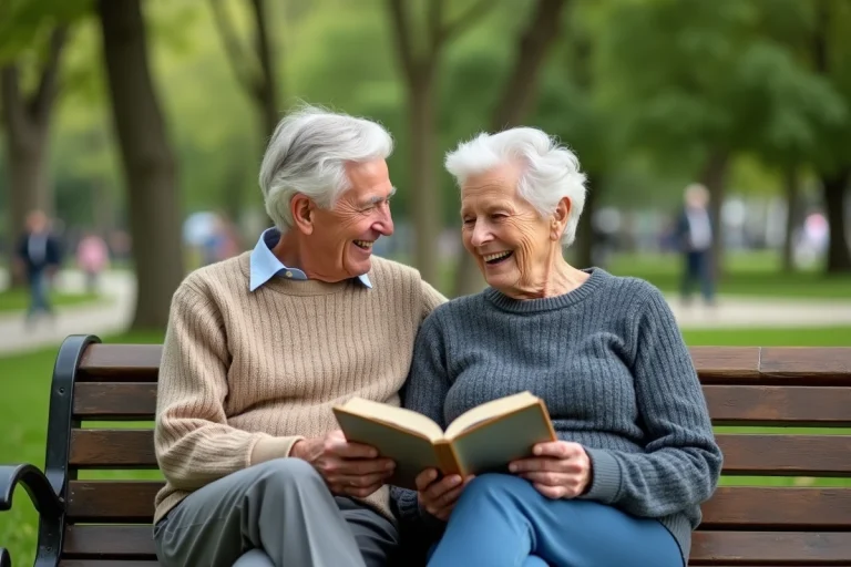 Couple senior souriant sur un banc dans un parc vert