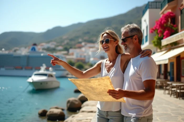 Couple de touristes explorant un port grec avec un paquebot de croisière ancré en arrière-plan