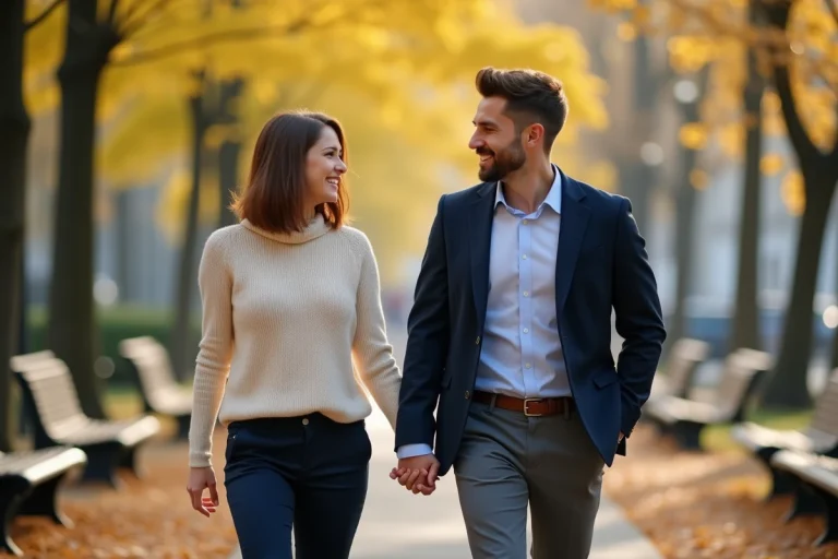 Couple en promenade dans un parc automnal en ville