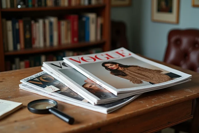 Gros plan sur des couvertures iconiques de magazines Vogue de collection posées sur un bureau en bois avec étiquette de prix et loupe