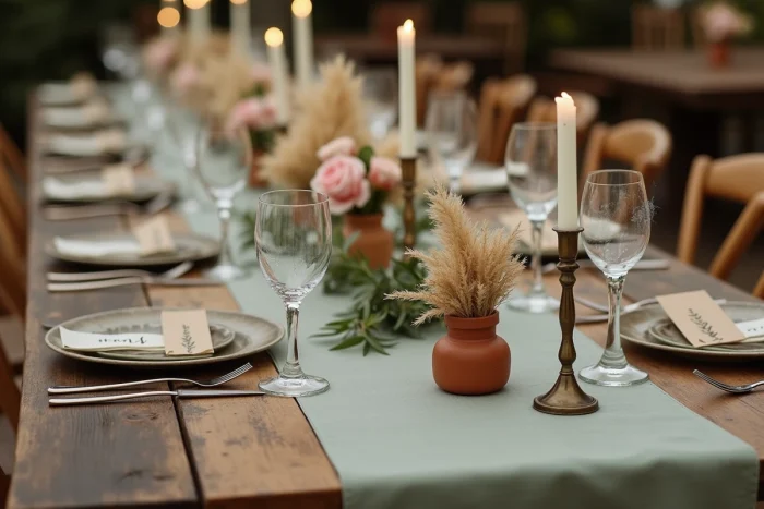 Décoration de table de mariage rustique avec fleurs séchées, bougies et vaisselle élégante