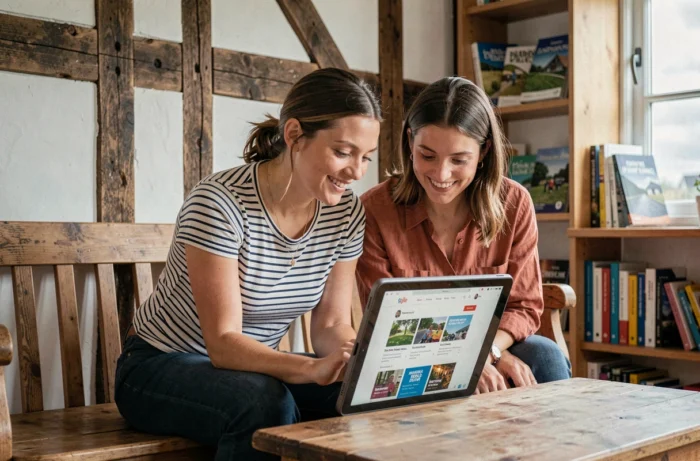 Deux femmes explorant les actualités et bons plans de Bretagne sur une tablette dans une maison bretonne à colombages