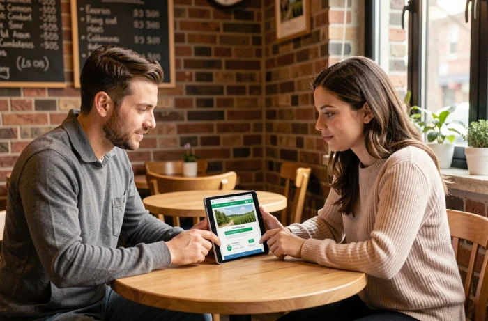 Deux personnes consultant des informations sur un concours agroécologique via une tablette dans un café