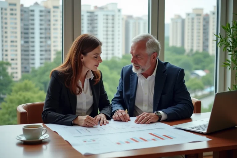 Femme et homme discutant plans immobiliers dans un appartement