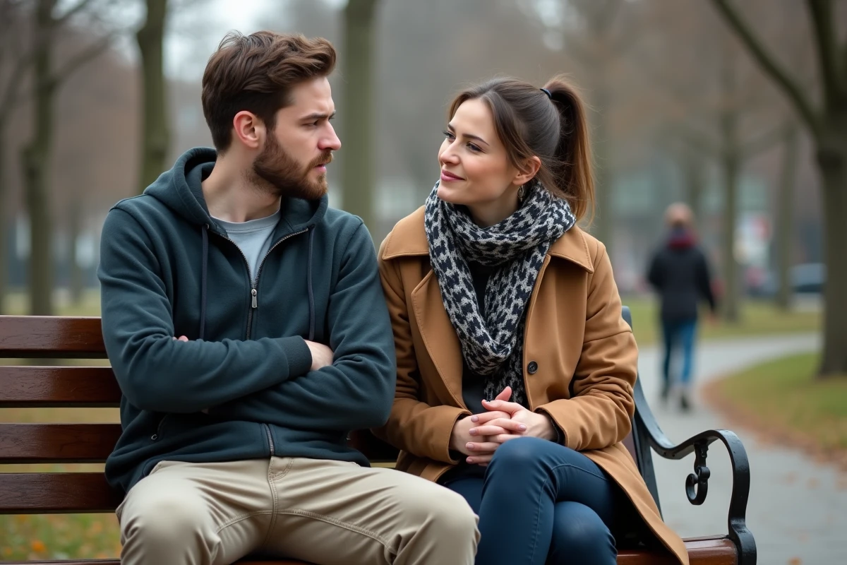 Jeune homme et femme discutant sur un banc de parc