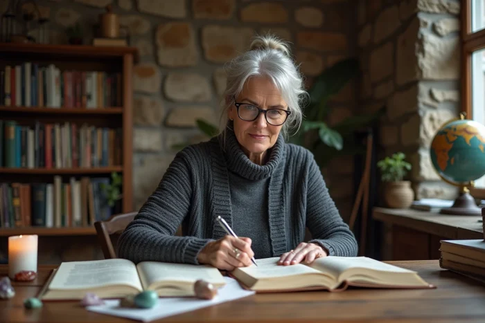 Femme écrivant dans un journal spirituel à un bureau en chêne entouré de livres et d'objets ésotériques dans un intérieur en pierre