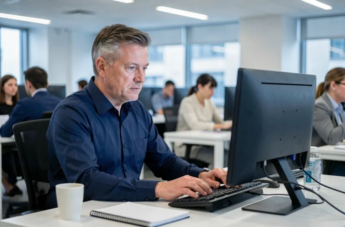 Employé consultant le webmail académique de Créteil sur un ordinateur de bureau dans un open space professionnel