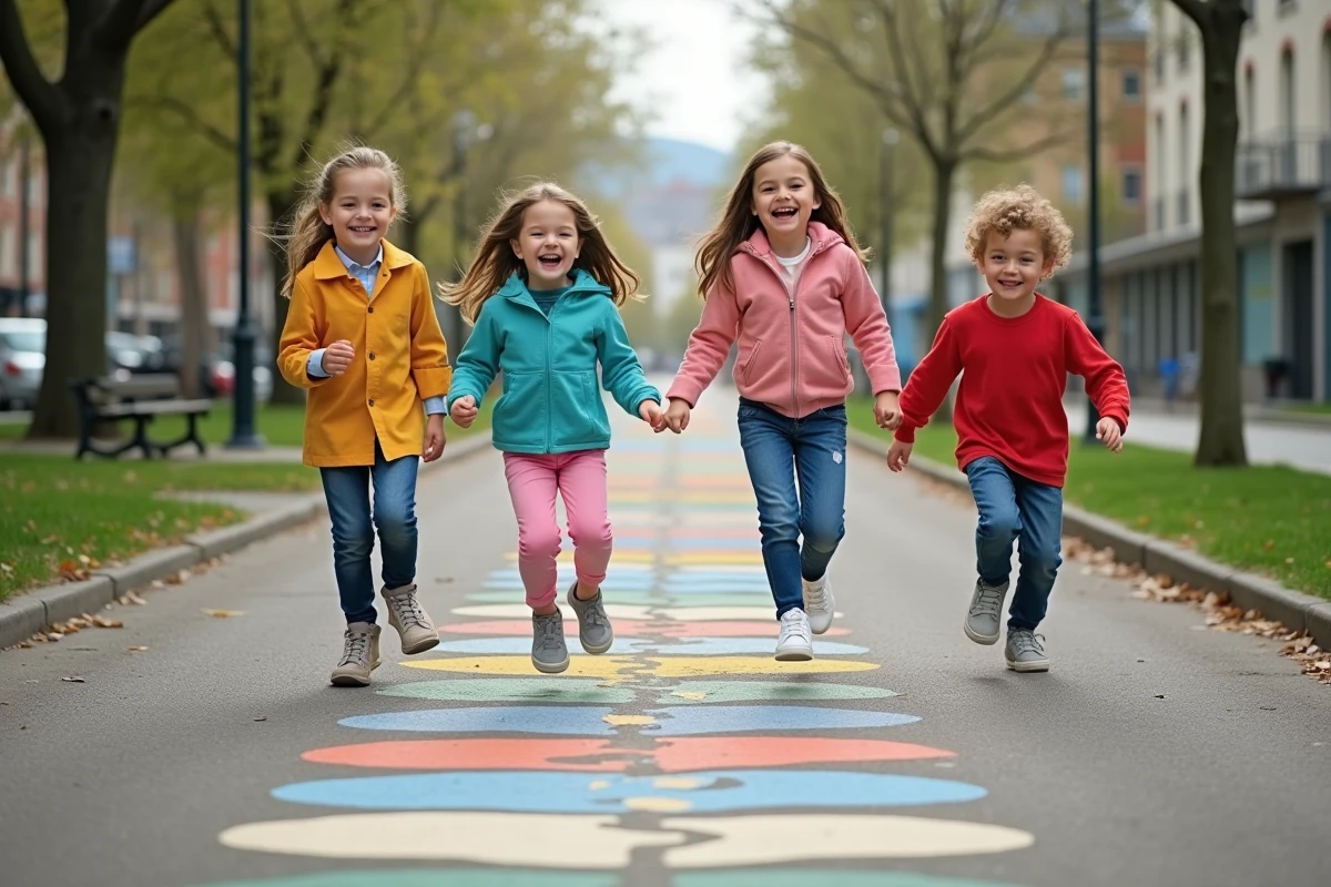 Enfants jouant à la marelle dans un parc urbain