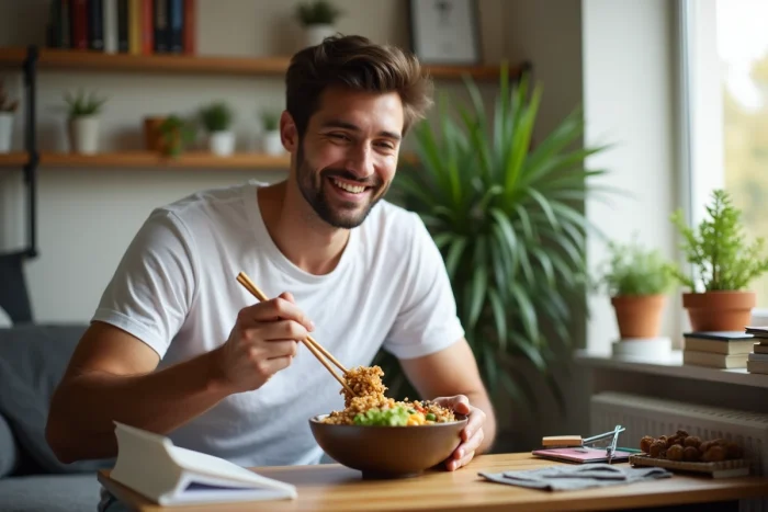 Étudiant dégustant un Buddha bowl coloré au quinoa et légumes rôtis dans sa chambre universitaire