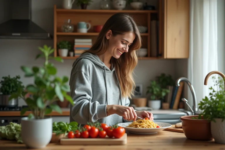 Étudiante préparant des pâtes rapides avec tomates cerises et basilic dans une petite cuisine d'appartement étudiant