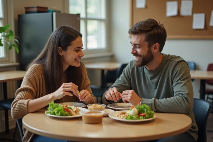 Deux étudiants partageant des wraps faits maison autour d'une table dans une salle commune de résidence universitaire