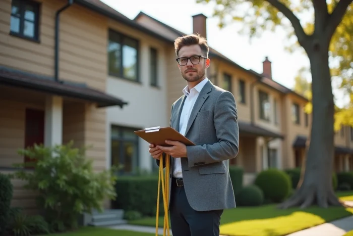 Expert immobilier évaluant la valeur d'une maison résidentielle lors d'une expertise sur le terrain