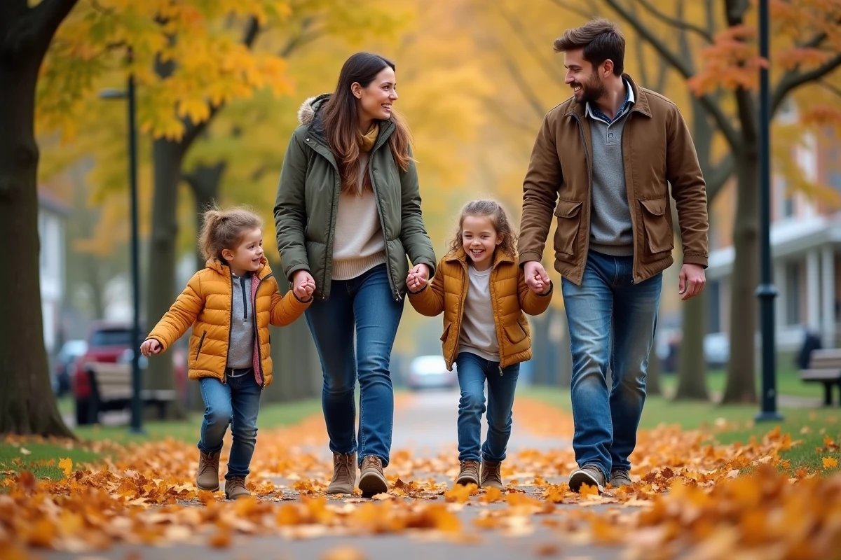 Famille marchant dans un parc automnal avec feuilles orange