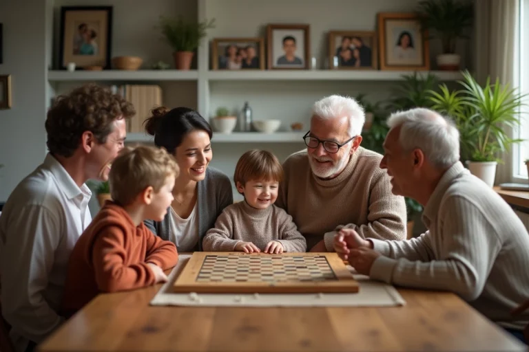 Famille multigenerational partageant un jeu de société dans un salon chaleureux