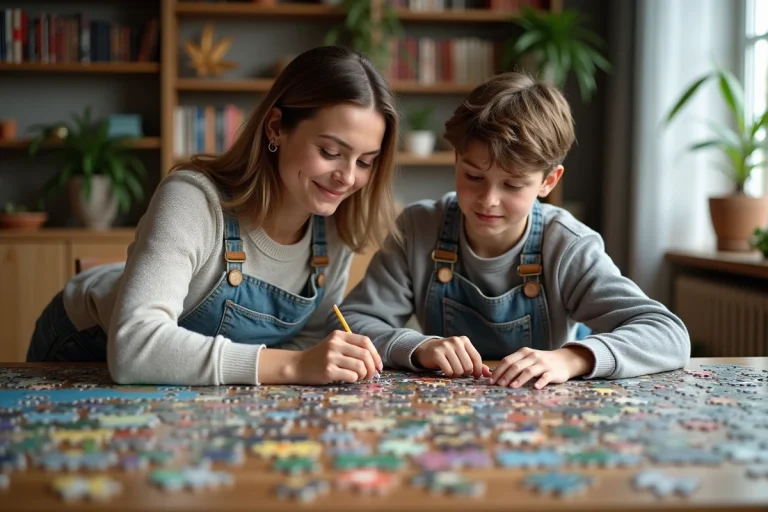 Femme et adolescent résolvent un puzzle dans un salon chaleureux