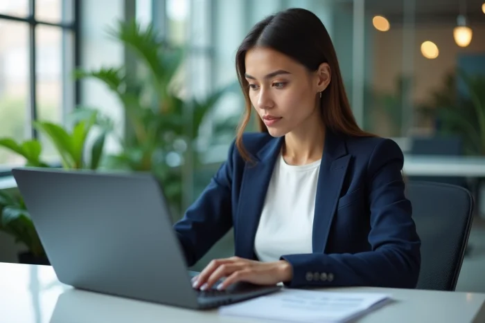 Femme professionnelle analysant des données SEO sur un ordinateur
