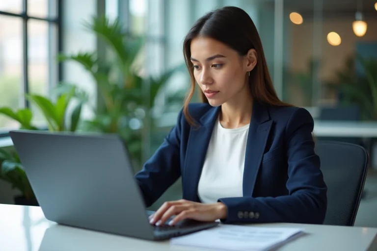 Femme professionnelle analysant des données SEO sur un ordinateur