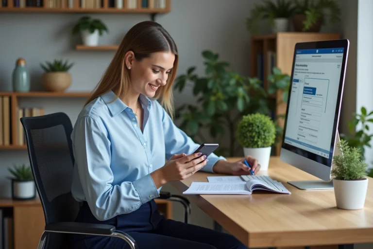 Femme au bureau vérifiant son téléphone et notes