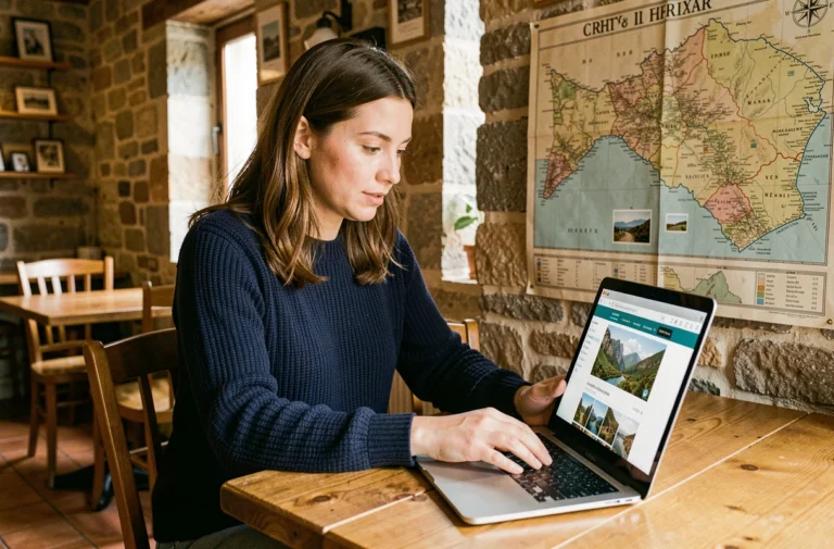 Femme consultant des bons plans pour explorer la Bretagne sur un ordinateur portable dans un café breton rustique
