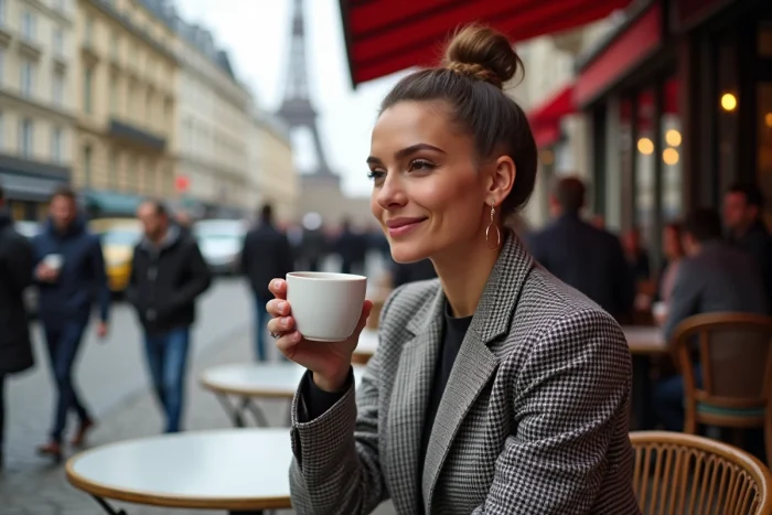 Femme élégante buvant un café à Paris en automne