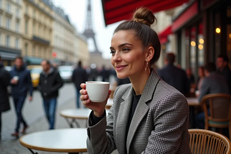 Femme élégante buvant un café à Paris en automne