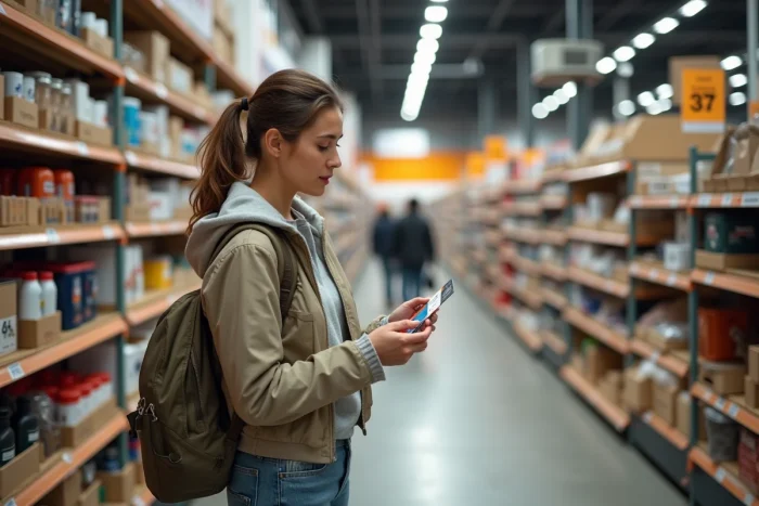 Femme en shopping avec carte cadeau Illicado dans un magasin de bricolage