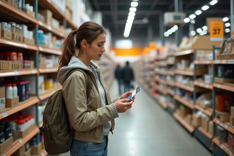 Femme en shopping avec carte cadeau Illicado dans un magasin de bricolage